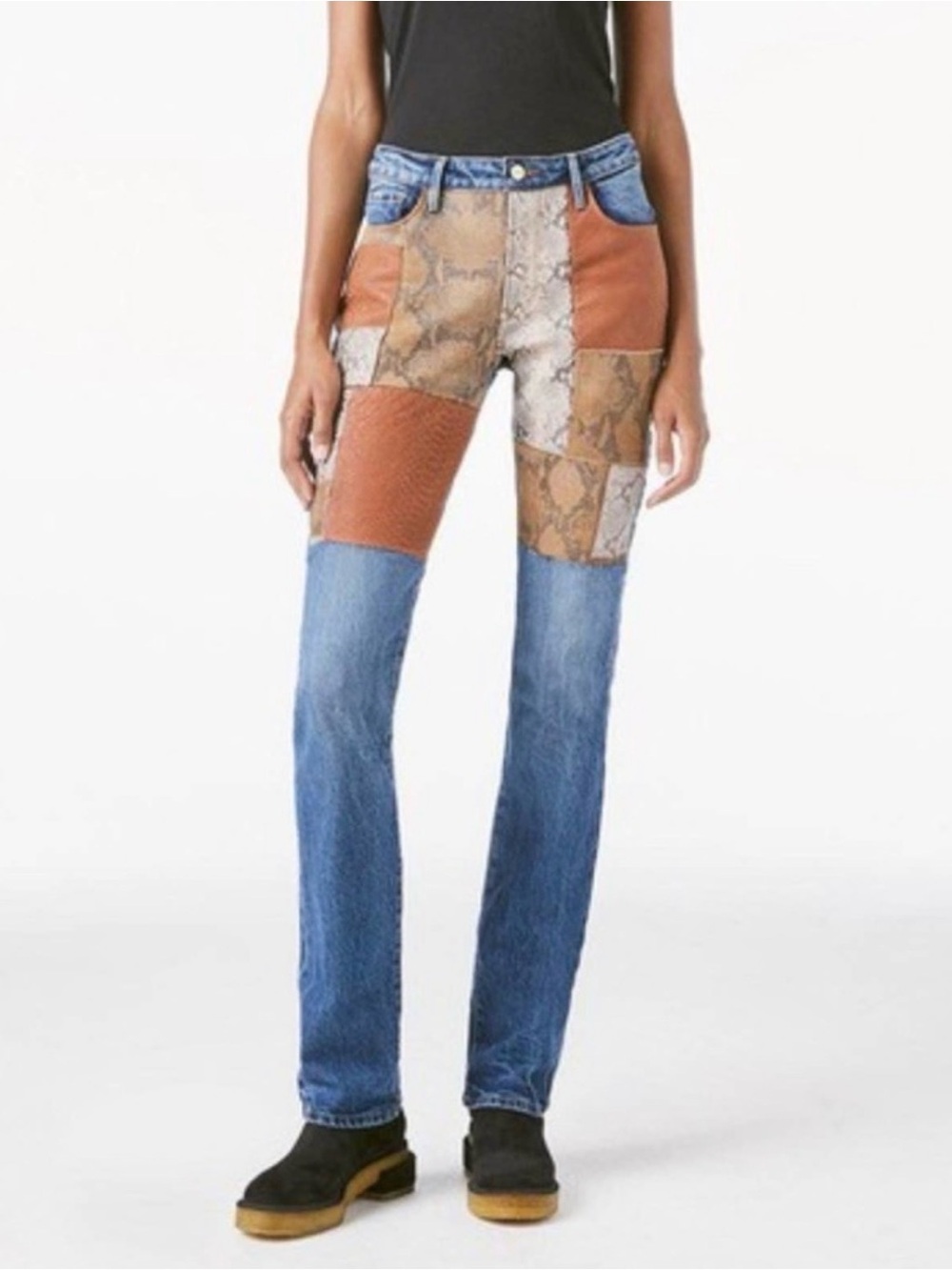 NWT FRAME Le Mini Boot Patchwork Jeans 27 Leather Snakeskin Mixed Media $448